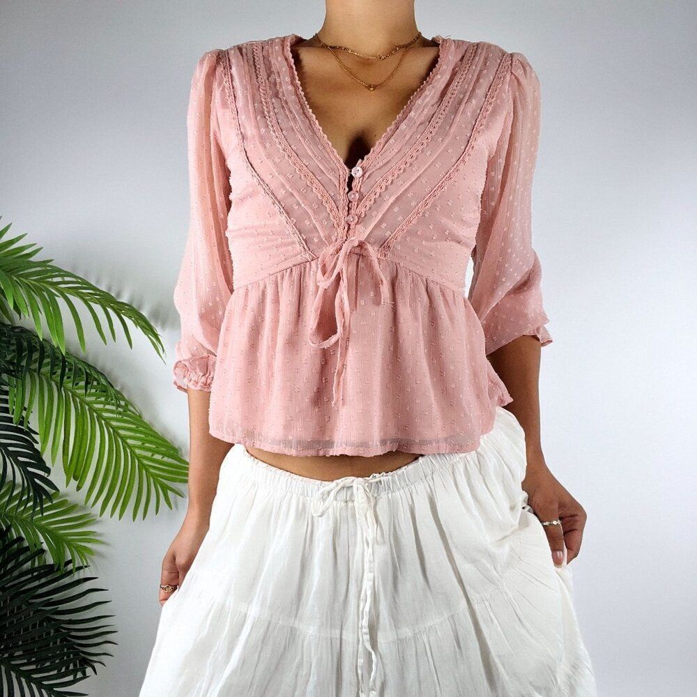 Women's Vintage Pink Coquette Long Sleeve Cottagecore Romantic Blouse / XS